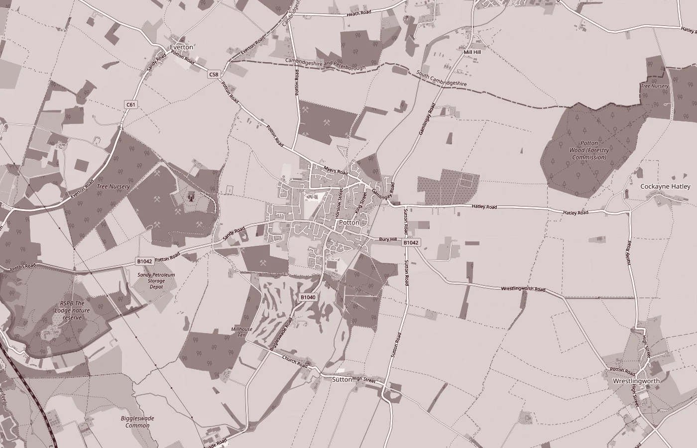 Map of Potton, Bedfordshire and the villages around it.